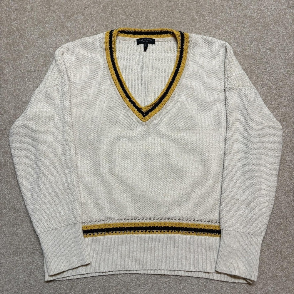 Rag & Bone Sweater Womens Small White V Neck Cricket Pullover Stripe Trim Knit